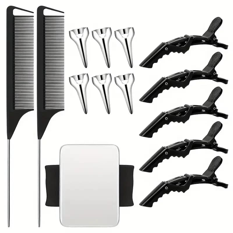 14pcs Hair Tool Set - Sectioning Rings, Metal Combs, Clips and Magnetic Wrist Pin Holder for Braiding (Black)