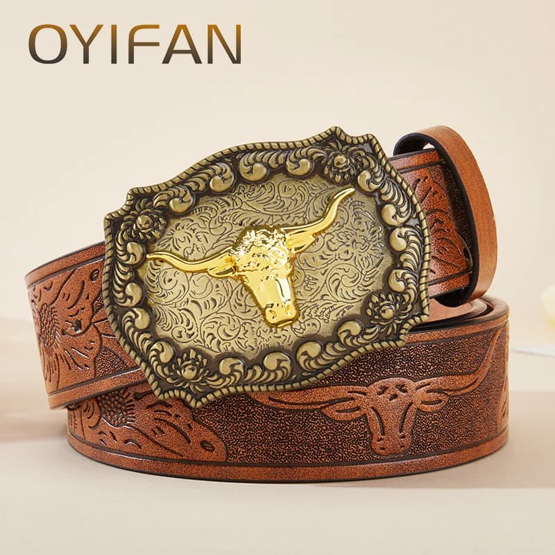 OYIFAN 110-130cm cintura scolpita cintura da Cowboy alla moda, cintura Unisex, cintura con fibbia ad ardiglione di tendenza alla moda per uomo e donna