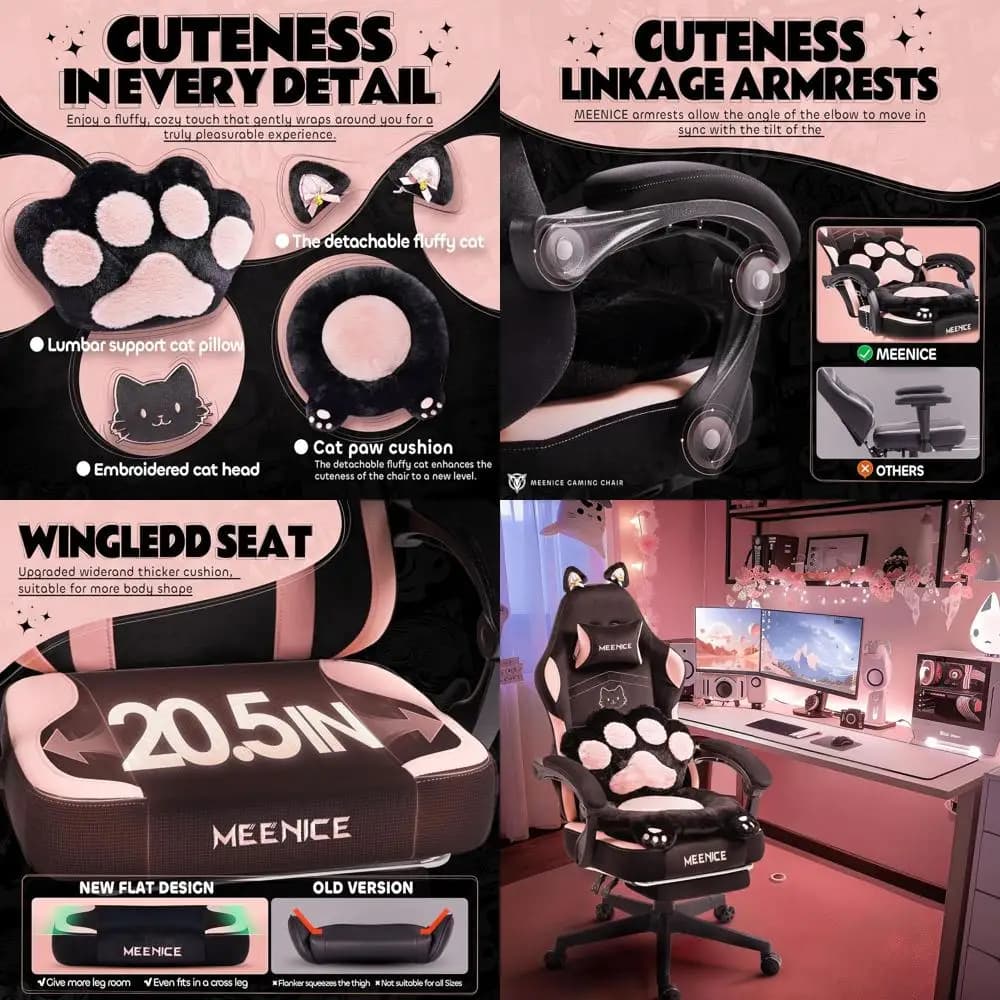 Sedia da Gaming con Orecchie da Gatto e Supporto Lombare, Sedia Ergonomica Reclinabile per Ragazze e Adulti fino a 136 kg