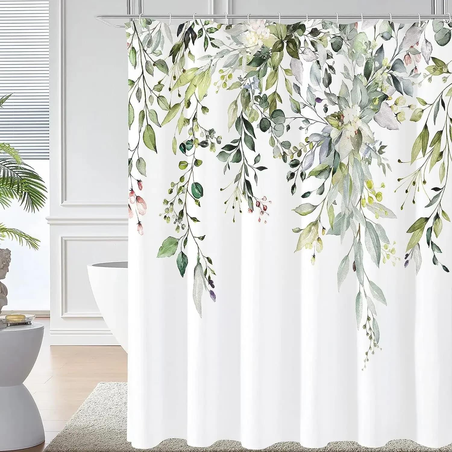 Watercolor Eucalyptus Leaf Shower Curtain Hanging Green Foliage White Floral Berry Minimalist Botanical Print Waterproof Fabric