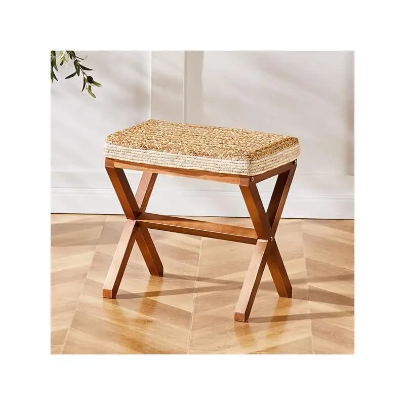 Pouf poggiapiedi in erba marina naturale con gambe in legno, poggiapiedi rettangolare intrecciato a mano per soggiorno, patio, balcone - 17