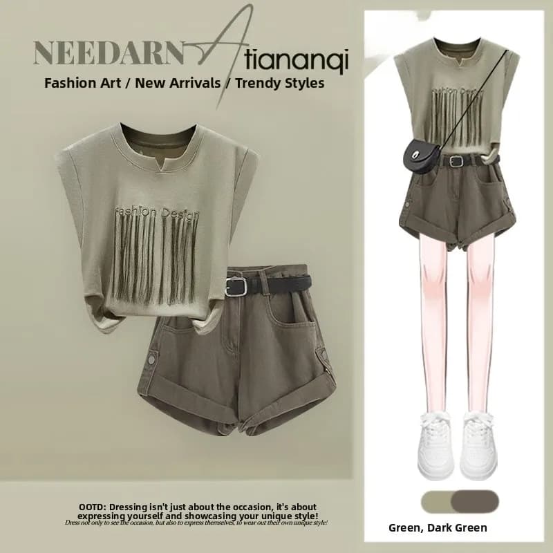 Summer Casual American Style Design Tassel Top And Vintage Slimming Denim Shorts Two Piece Set Women's Fashion Ensemble
