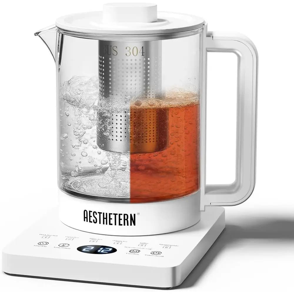 1.5 liters glass electric kettle with temperature control, heating 24 hours a day and automatic shutdown, white
