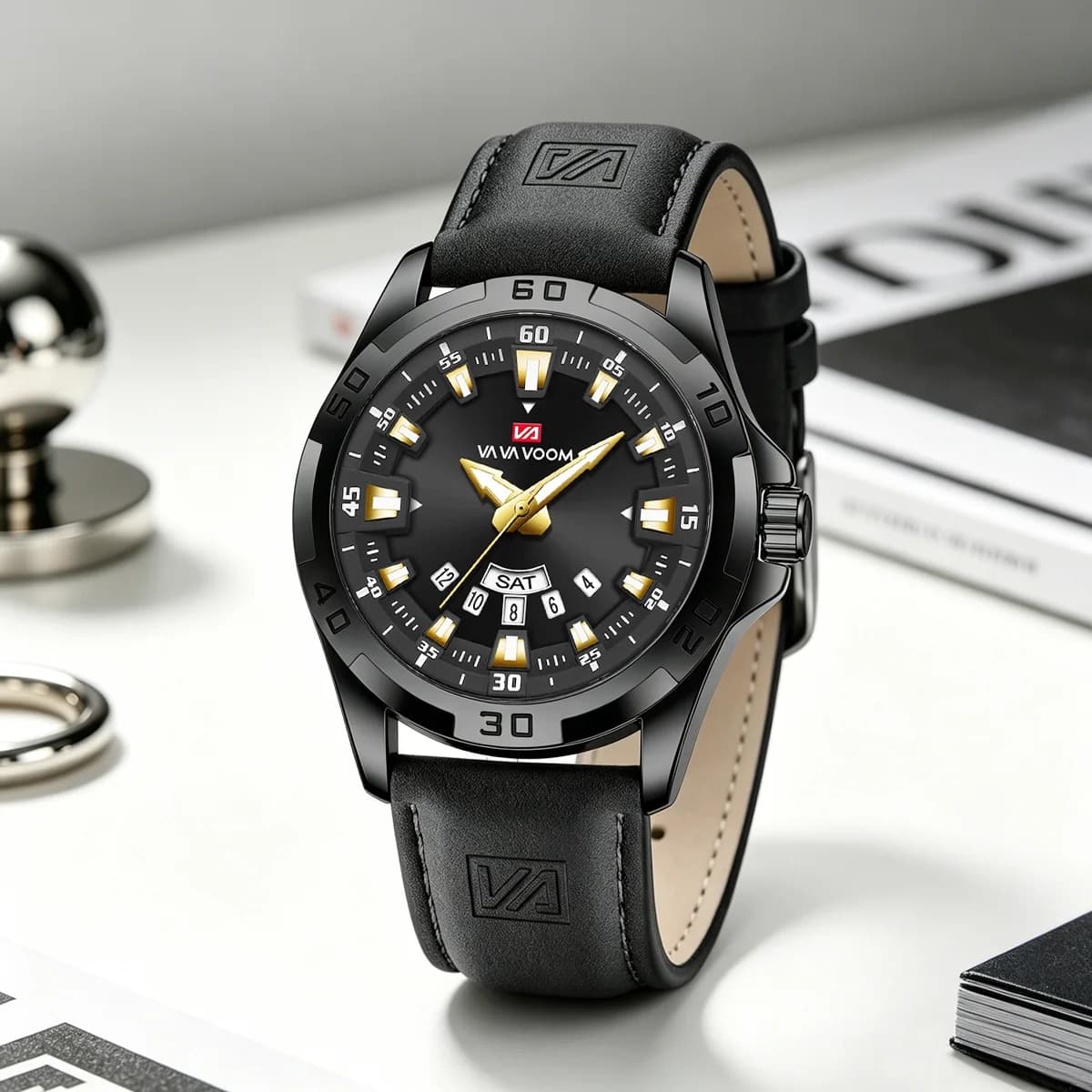 Men Watch Black Leather Strap Sport Style 45mm Quartz Movement Clock Daily Wear Casual Military Style Waterproof Men Wristwatch