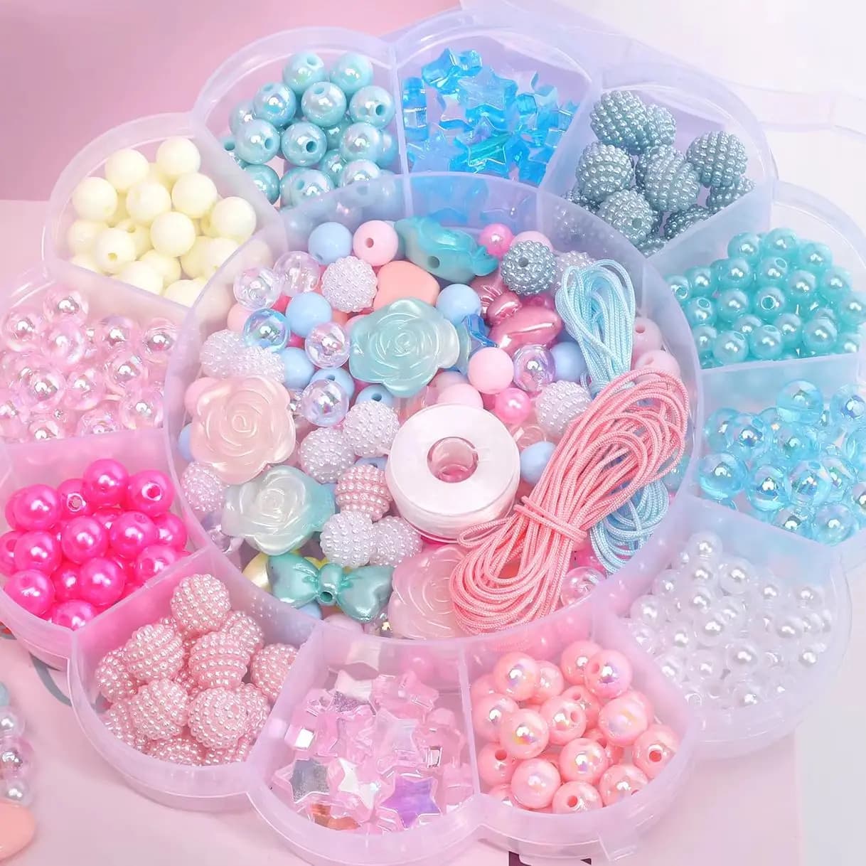 13 Grid 0.6-2.6cm Blue and Pink Mixed Acrylic Round Beads, Flower Beads Suitable for DIY Jewelry Making Bracelets Mecklaces Ring