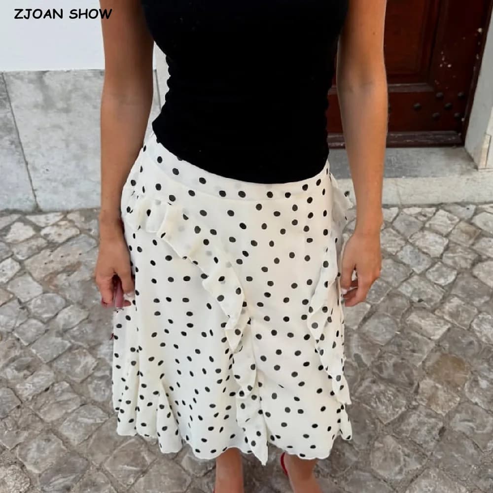 Gonna Midi Lunga in Chiffon con Stampa a Pois Albicocca Romantica, Cerniera in Vita, Balze a Strati, Linea ad A, Asimmetrica, per Vacanze