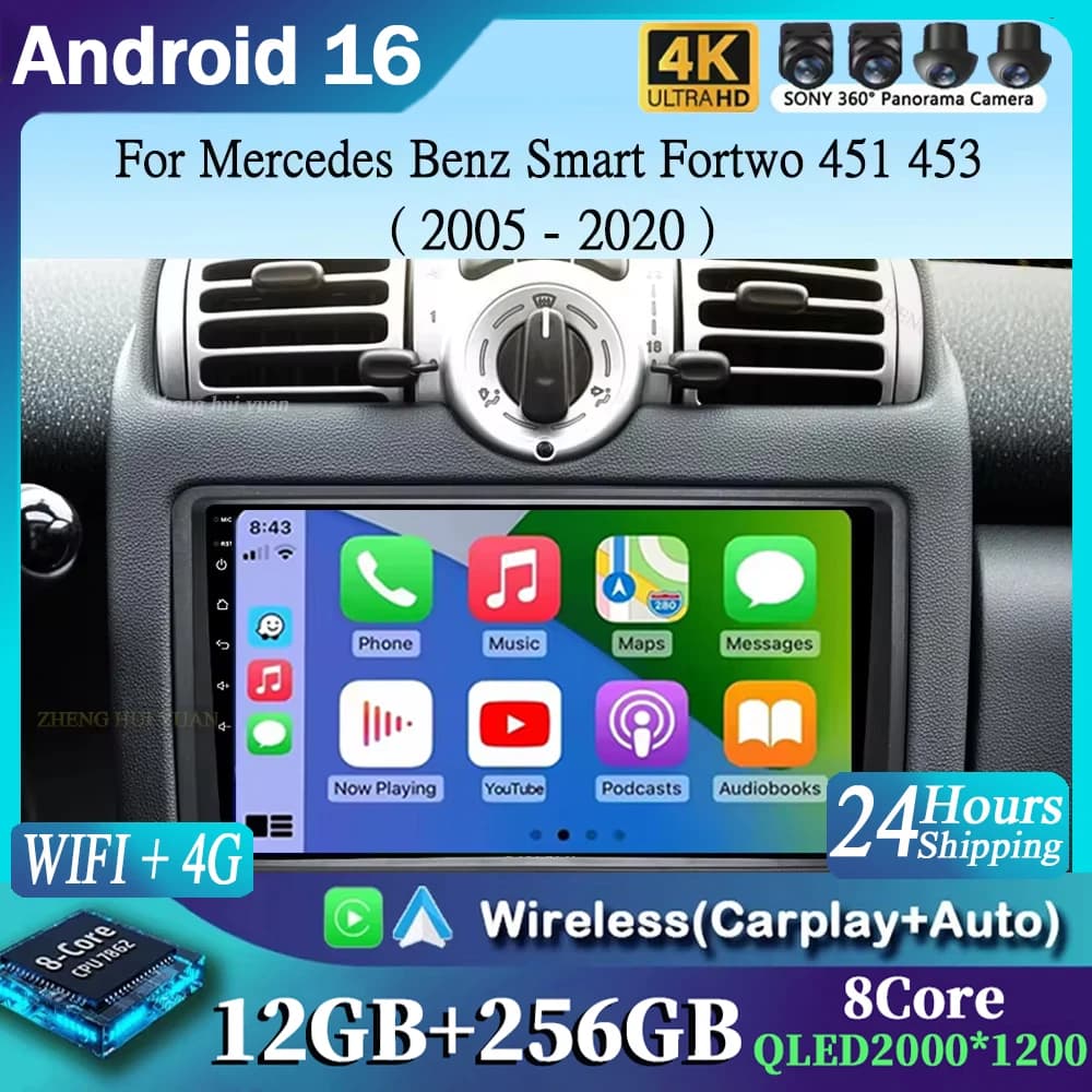 For Mercedes Benz Smart Fortwo 451 453 2005 - 2020 2K 12 + 256 QLED Android 15 CarPlay Autoradio Multimedia Video Player GPS stere
