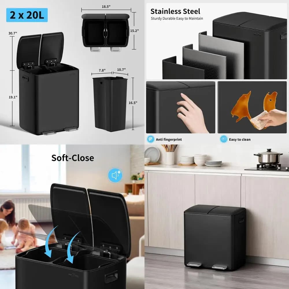 Bidone per Rifiuti a Doppio Scomparto da 40 Litri con Coperchi Robusti, Contenitore per Riciclaggio a 2 Compartimenti per Cucina e Ufficio (Nero)