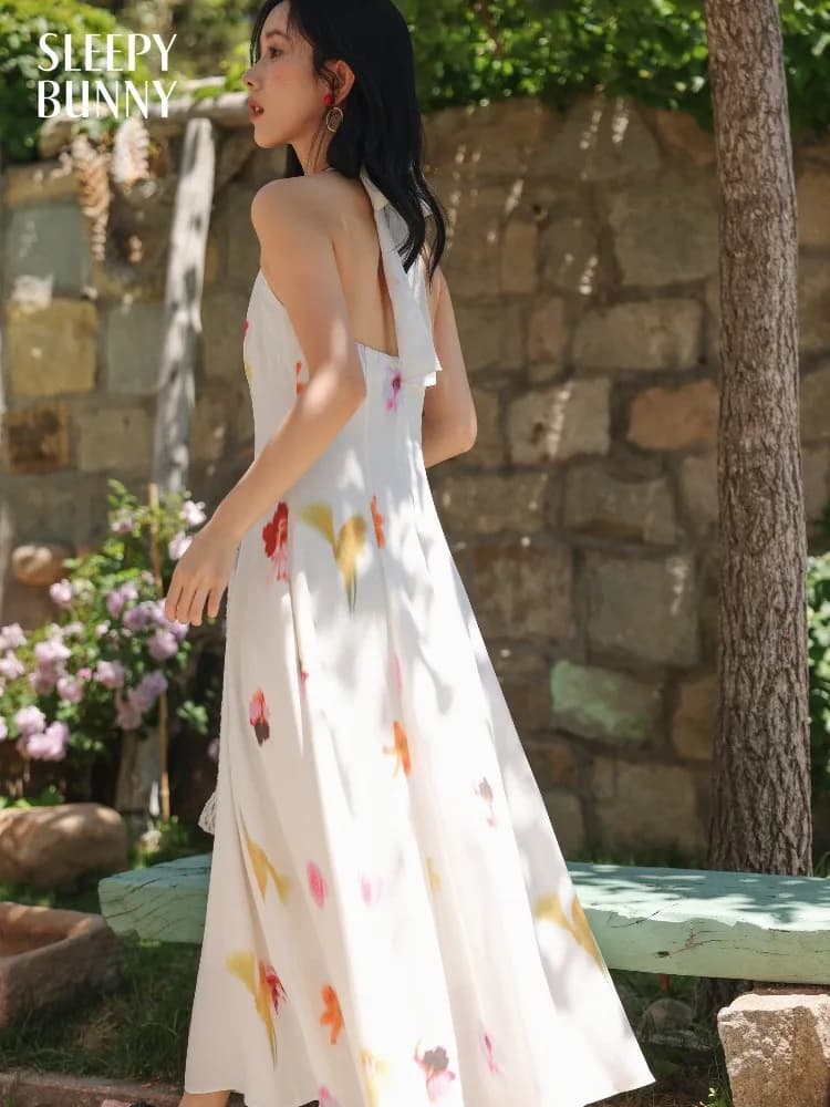 Women Vacation Style Halter Neck Midi Dress Lady Spring Summer Petite High Waist Floral Print Flowy Maxi Dress Slim Swing Skirt