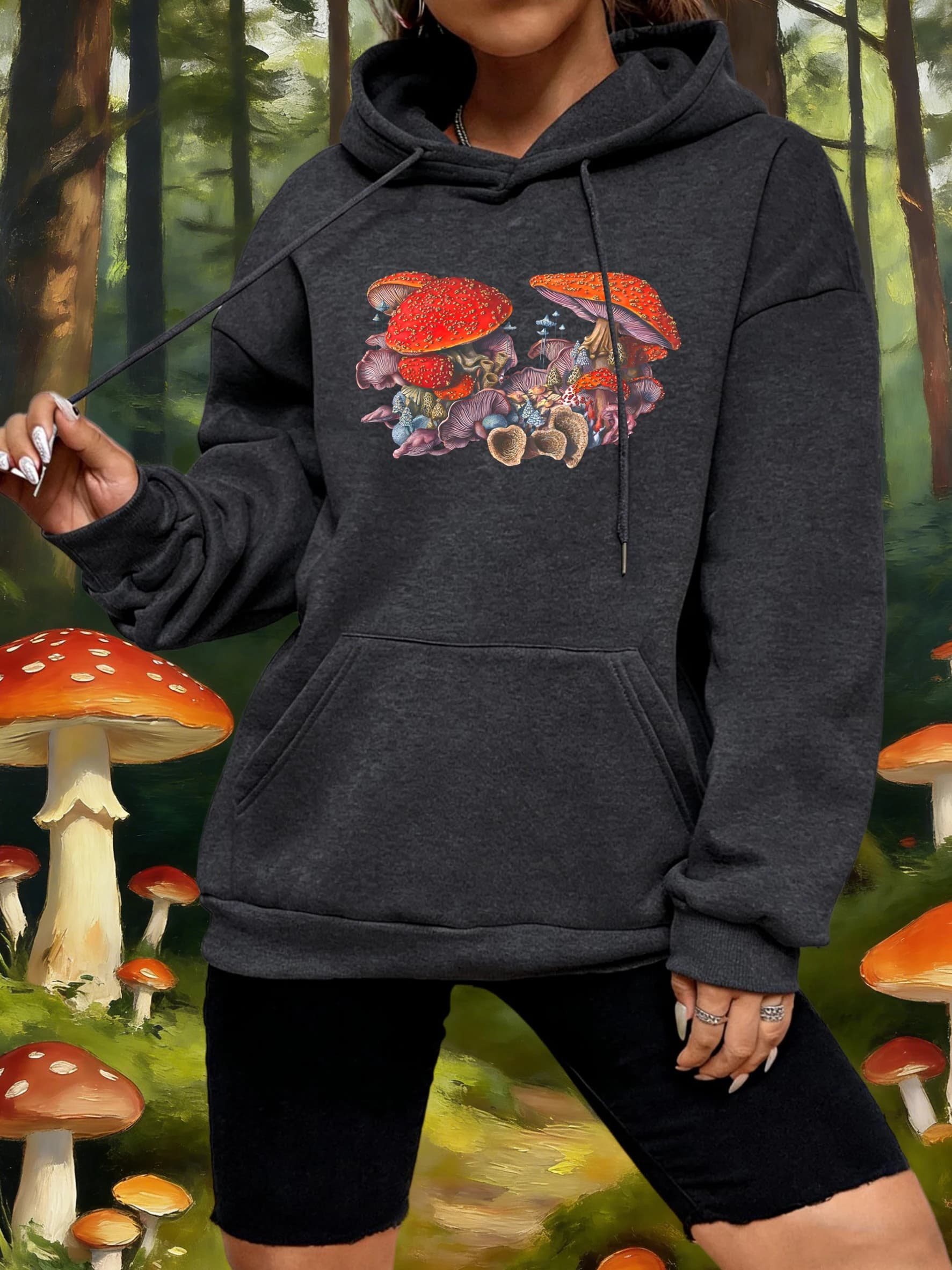 Women's Y2K Hoodie with Print Group of Mysterious Forest Mushrooms, Multicolor, Wide, Casual, with Pockets, in Apples, Autumn Sports Clothing