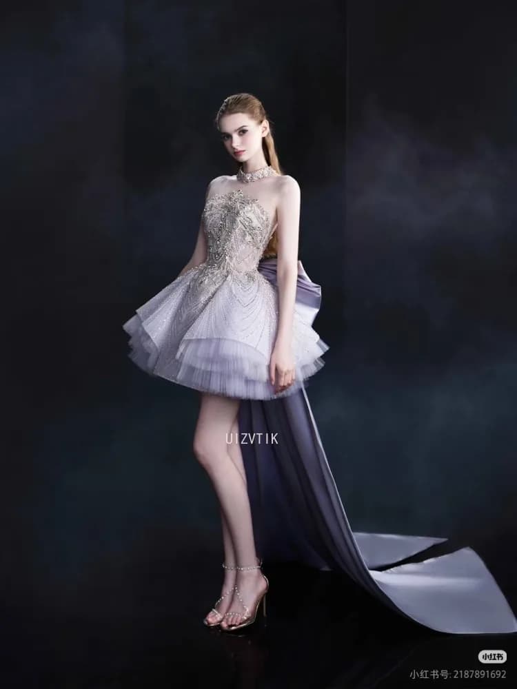 Luxury Women Crystal Beaded Short Prom Dress with Detachable Train Strapless Tulle Party Evening Gown Customized Formal Dresses
