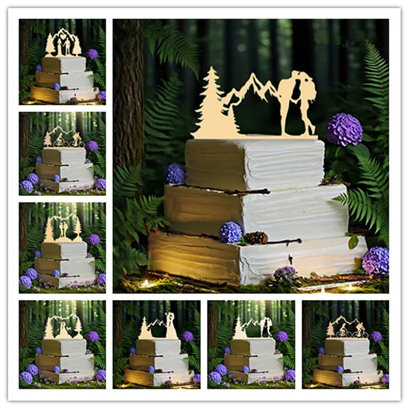 Wooden Mountain Hiking Wedding Cake Topper Forest Theme Outdoors Cake Toppers Bride and Groom with Pet Dog Cat Bicycle