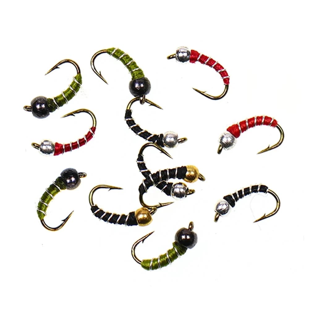 9 o 12 pezzi 18 # Amo da legatura in ottone con testa a sfera per zebra midge, ninfa, larva, pupa, buzzer, per la costruzione di mosche da pesca alla trota, esche e artificiali