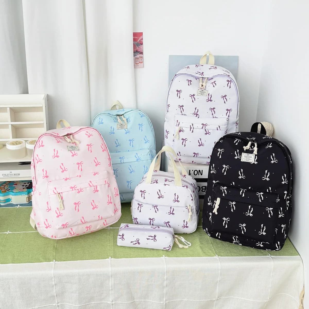 Sweet Girl Style Bow Print Three Piece Backpack Set Nylon Lightweight Large Capacity Backpack Campus Commuting Student Backpack