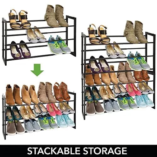 Black 3-Tier Metal Expandable Shoe Organizer With Angled Shelves For Space Saving Vertical Storage In Closet, Entryway,