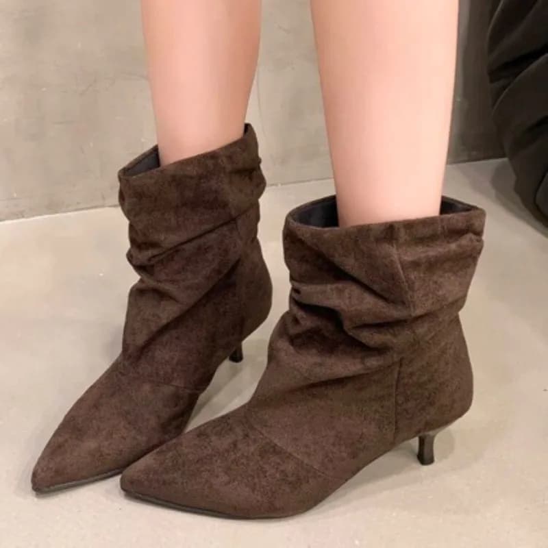 Brown Retro Elegant Designer Ankle Boots Women Fashion Pleated Suede Autumn Winter Kitten Heels Party Prom Chelsea Shoes