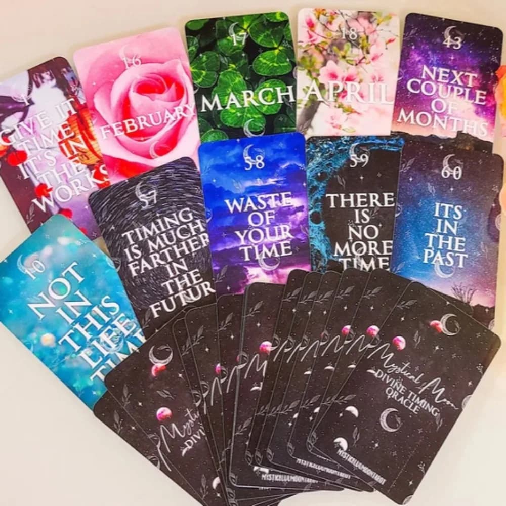 60 pezzi Carte Timing Oracle Deck 10.3 * 6 cm Time Frame Cards Mystical Moon Situations Twin Flame Tarocchi Mazzo Cosmico