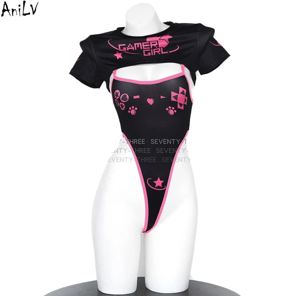 AniLV Game Kawaii Girl Cute GamePad Uniform Jumpsuit Punk Cyber Cat Zampa Ribbon Jumpsuit Cosplay Costume Dresses