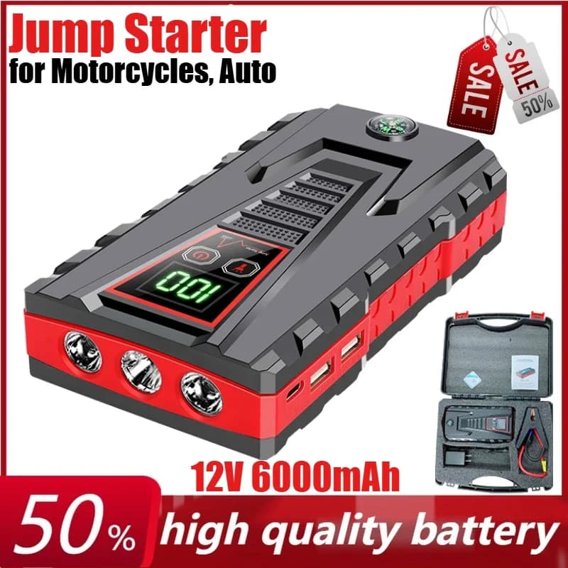 12V 6000mAh Avviatore di emergenza per auto portatile Pompa di gonfiaggio montata su auto Avviatore Booster Batteria ricaricabile per motocicli, Auto