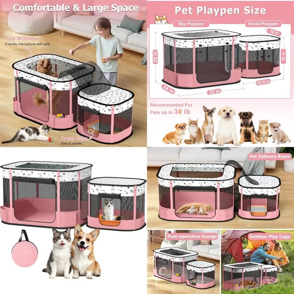 Recinto Portatile per Cani e Gatti con Area Lettiera, Uso Interno/Esterno, Tenda Pieghevole con Borsa per il Trasporto, Materiale 600D
