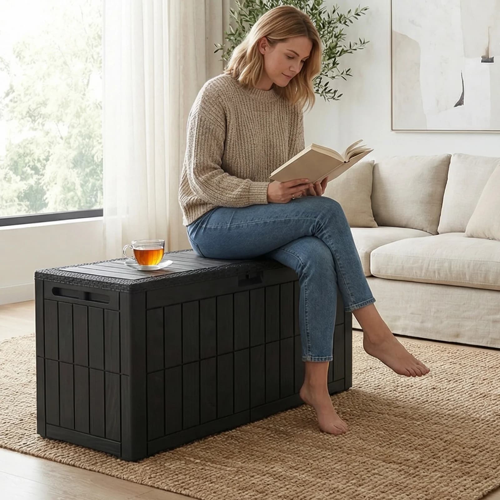 100 Gallon Outdoor Storage Box Water Proof Resin Deck Box Lockable Storage Bin for Cushion Patio Furniture Pool Accessories Gard