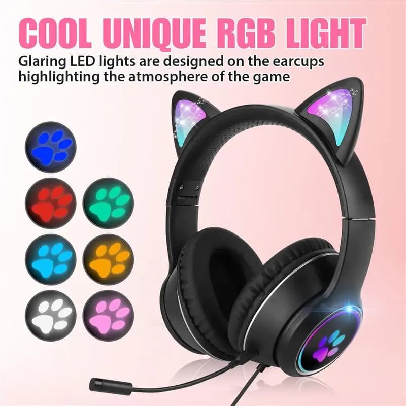 Play headphones with wired cat ear for PC PS4 Xbox One Girl Kids Over-Ear headphones with 3.5mm RGB LED folding headphone microphone