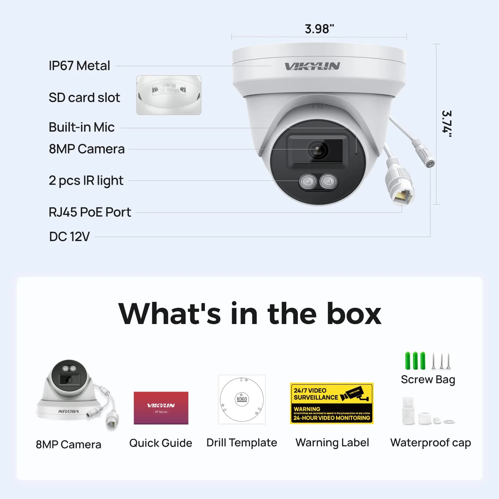 VIKYLIN 8MP HD IP Security Camera Poe 4K IR Light Audio Fixed Camera Human Vehicle Detection Support SD Storage ONVIF IP67