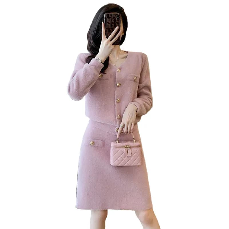 Autumn Winter Pink Apricot Woolen Two Pieces Set Women Single Breasted Buttons Tweed Short Jacket Coat + Pencil Mini Skirt Suit