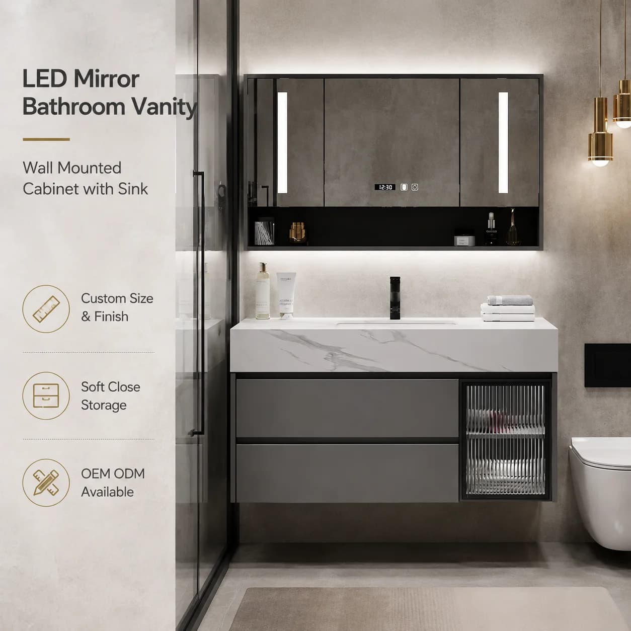 Bathroom CabinetModern LED Smart Mirror Sintered Stone Wall-Mounted Bathroom Vanity With Sink-Water Resistant Eco-Friendly Hotel
