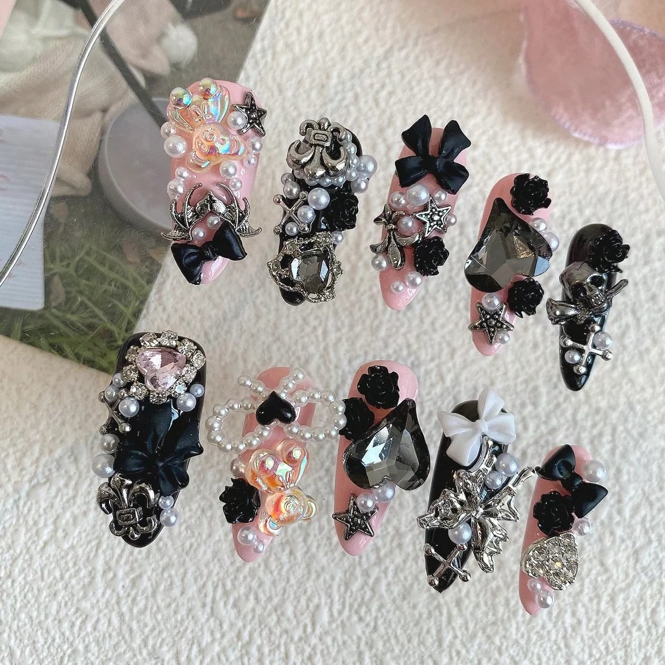 10 pcs. Fin Nails Long Coffin Black Goth with Rose and Cross, Gift for Women, Nail Art Make by You, Fin Nails, Nail Sets Made by Hand
