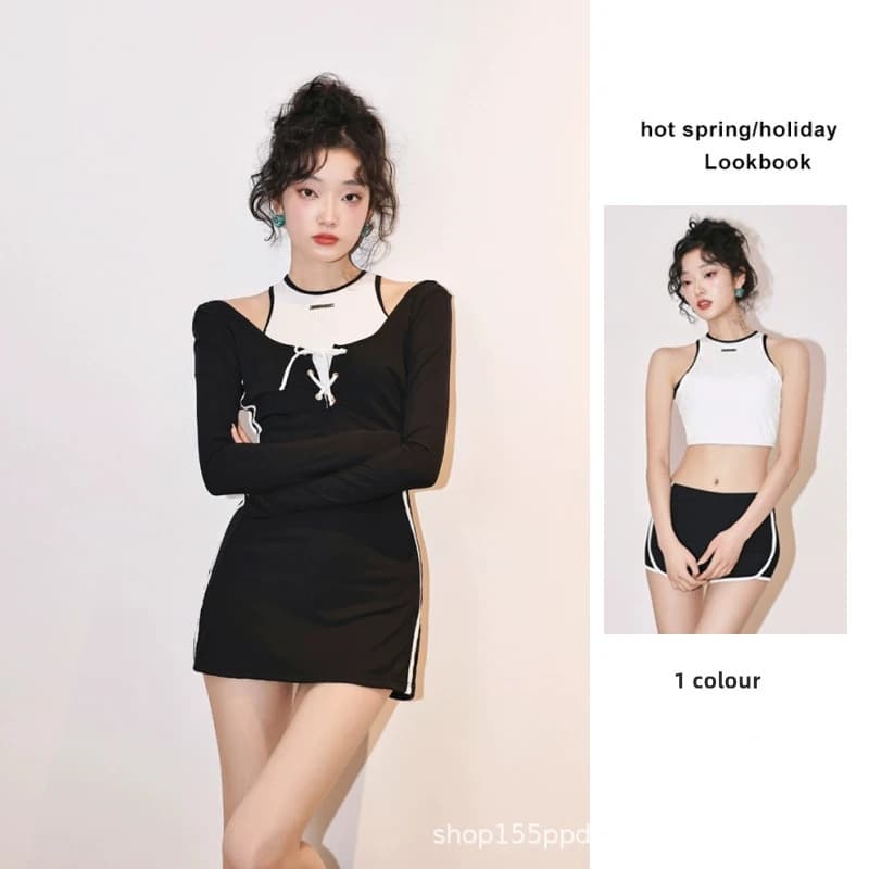 Costume da bagno intero sportivo americano alla moda a maniche lunghe da donna, con effetto contenitivo e snellente, ideale per studentesse, spiaggia e sorgenti termali
