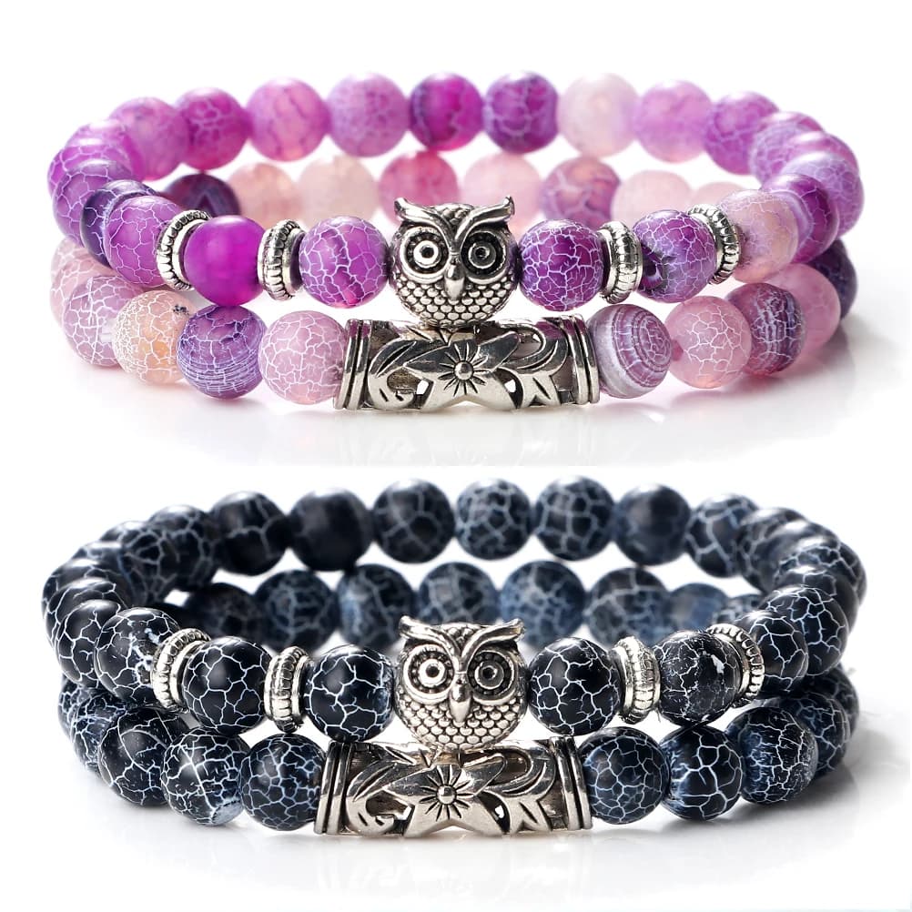 2 pz/set Coppie Distanza Gufo Braccialetti di Perline Pietra Naturale Lava Nera Occhio di Tigre Pietra Svasata Braccialetto di Fascino Filo di Gioielli