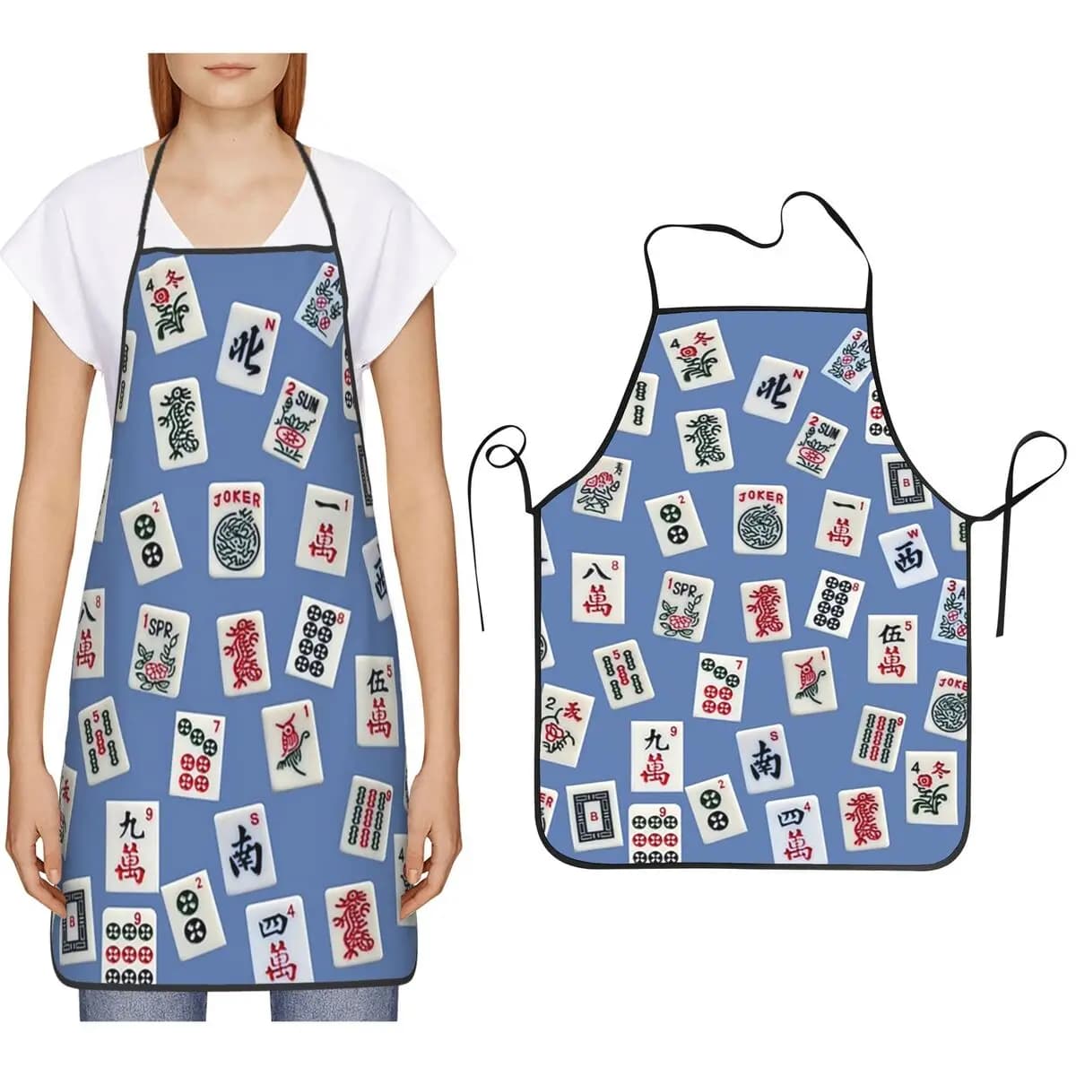 Grembiule da Cucina con Design Simboli Mahjong su Sfondo Blu per Chef, Cuochi, Pulizie e Giardinaggio, per Donne e Uomini