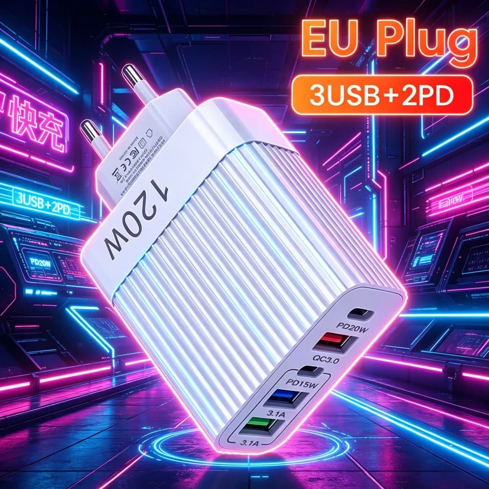 Caricatore USB 120W a Ricarica Rapida Multi-Porta 3USB+2PD per iPhone 15 Xiaomi 15 Telefono Cellulare 5-in-1 QC3.0 Caricatore da Casa e Viaggio
