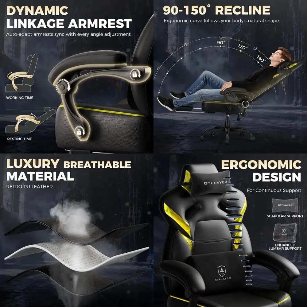 Sedia da gaming ergonomica con schienale alto per adulti, resistente fino a 350 libbre, poggiapiedi, pelle premium con finiture iridescenti, ACE-Armor, nero
