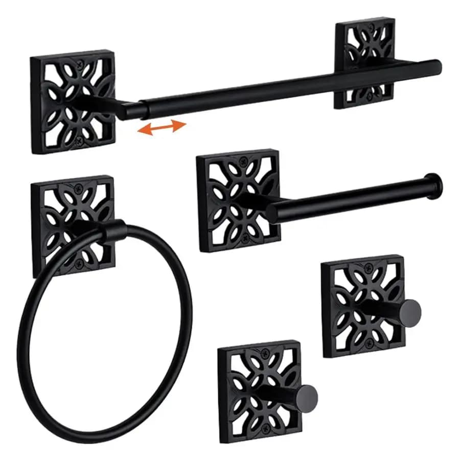 Set di 5 accessori da bagno moderni neri opachi, portasciugamani a parete, anello portasciugamani, porta carta igienica industriale e