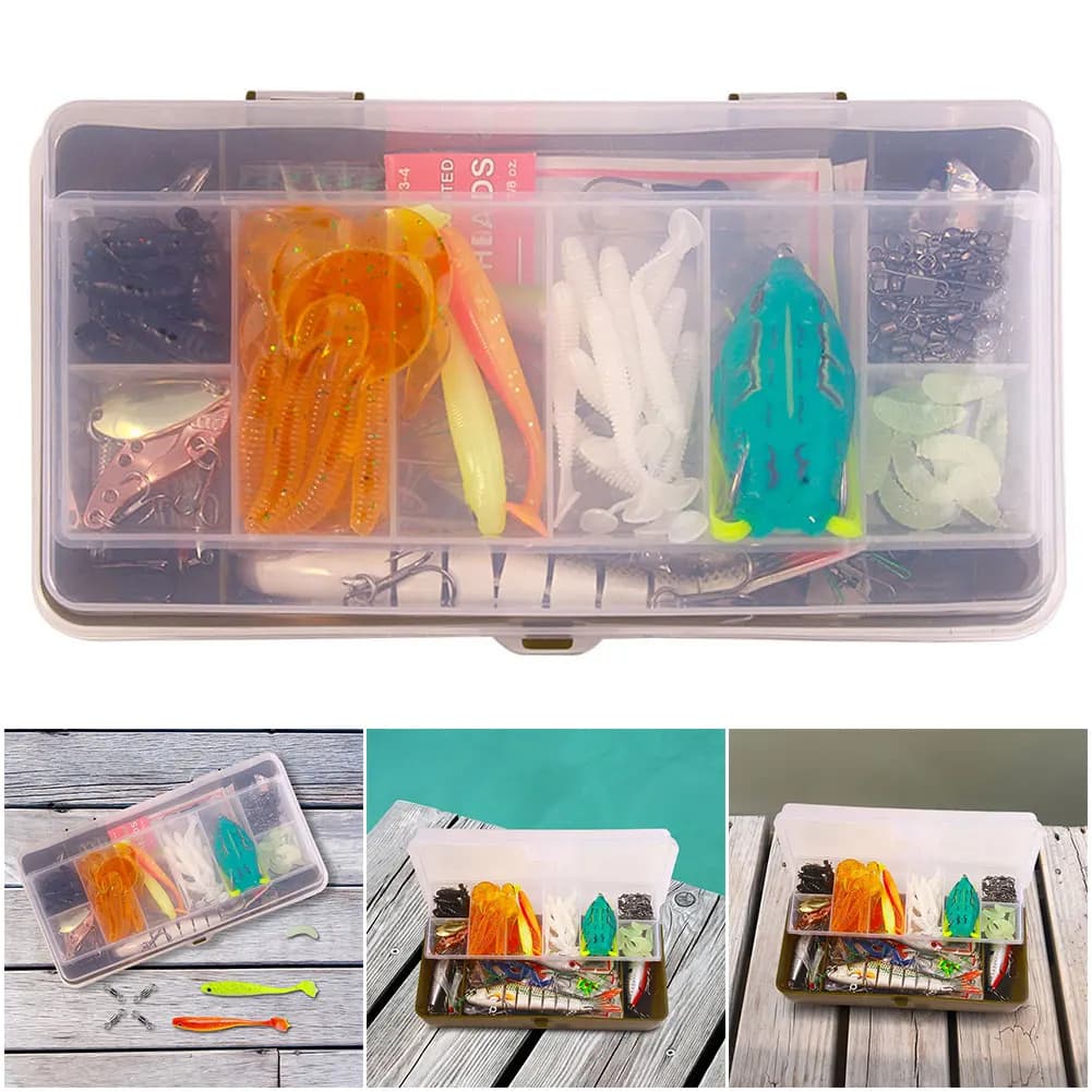 Kit di Esche da Pesca Miste, Esche Morbide e Dure, Ami, Girelle con Scatola Porta Attrezzi, Set di Esche per Bass, Luccio e Crankbait