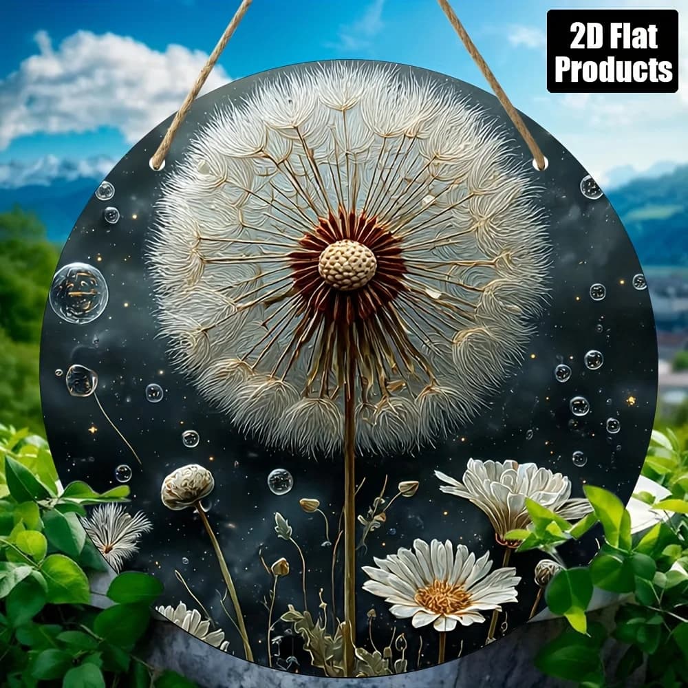 Plate 2D - [2D flat] 2D printed design featuring a round shape with tarax seeds and white flowers, a Mea circular sign