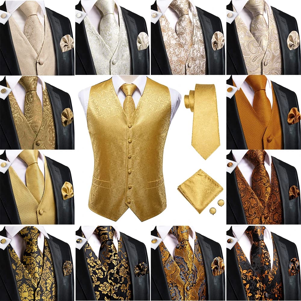 Gilet di seta moda per uomo classico oro champagne gilet giallo giacca cravatta fazzoletto gemelli set abito da sposa Hi-Tie