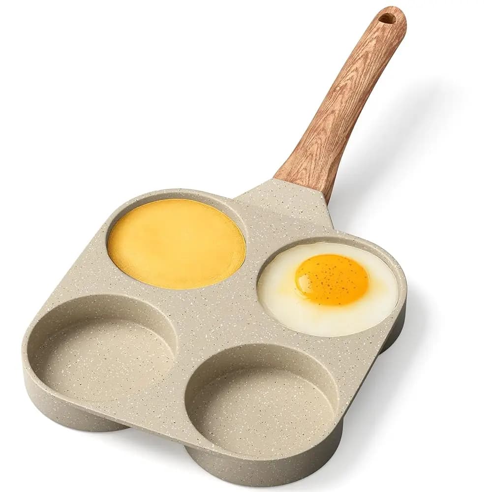 Padella Antiaderente per Uova a 4 Scomparti in Marmo Bianco, Padella per Pancake in Granito, Senza PFOS e PFOA, in Alluminio Pressofuso con Manico Resistente al Calore