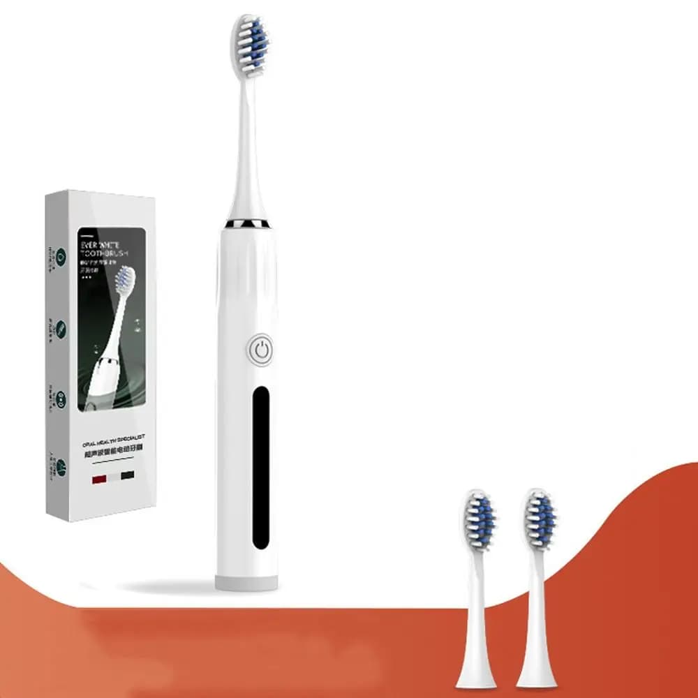 Spazzolino elettrico a lunga durata, impermeabile, alimentato a batteria, ultrasonico, facile da pulire con 3 testine.