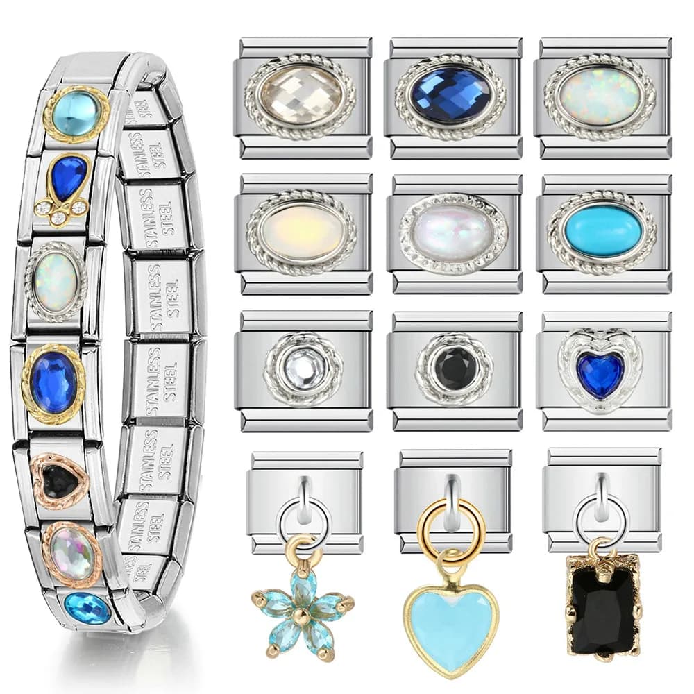 Y2K Design Stainless Steel Elastic Charm Italian Link fit 9mm Women's Retro Style Zirconia Stylish Bracelet Making DIY Jewelry