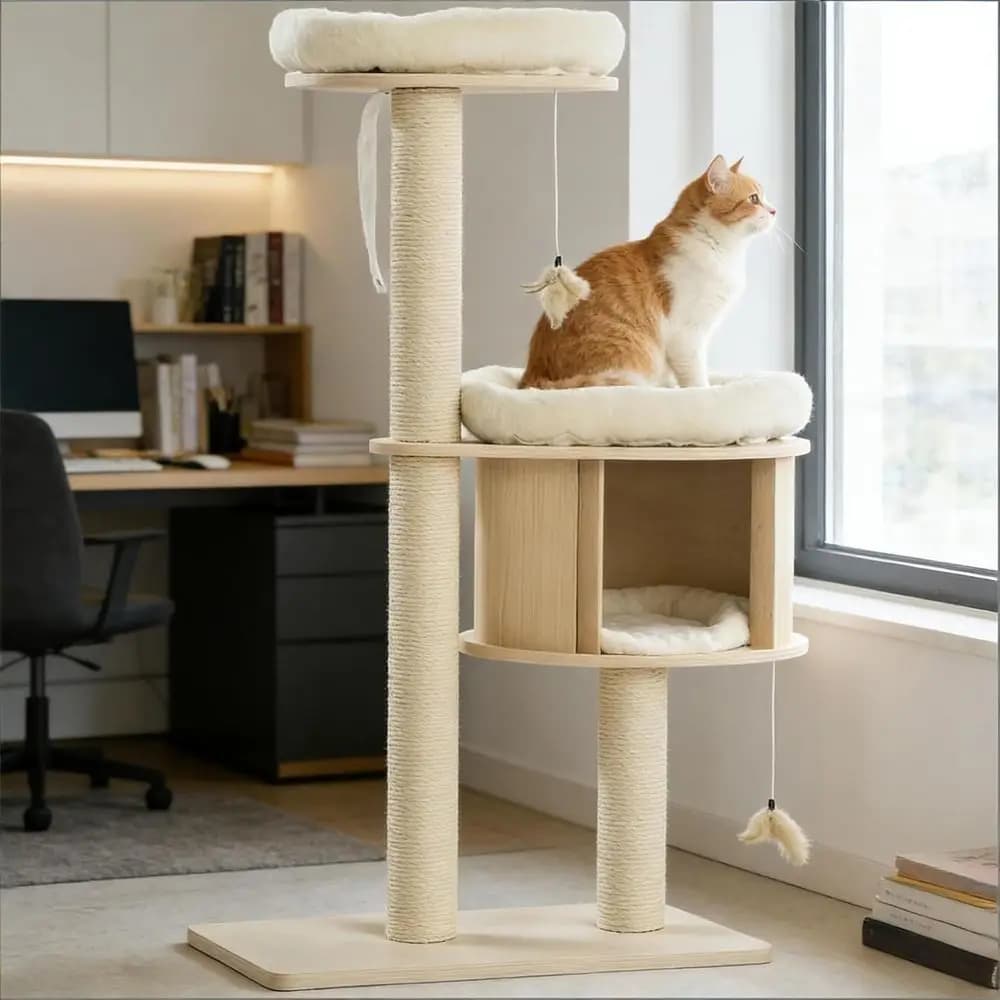 Tiragraffi per Gatti 46 con Piattaforme Imbottite, Tiragraffi in Corda di Sisal Naturale e Palline Sospese per il Divertimento Felino al Chiuso