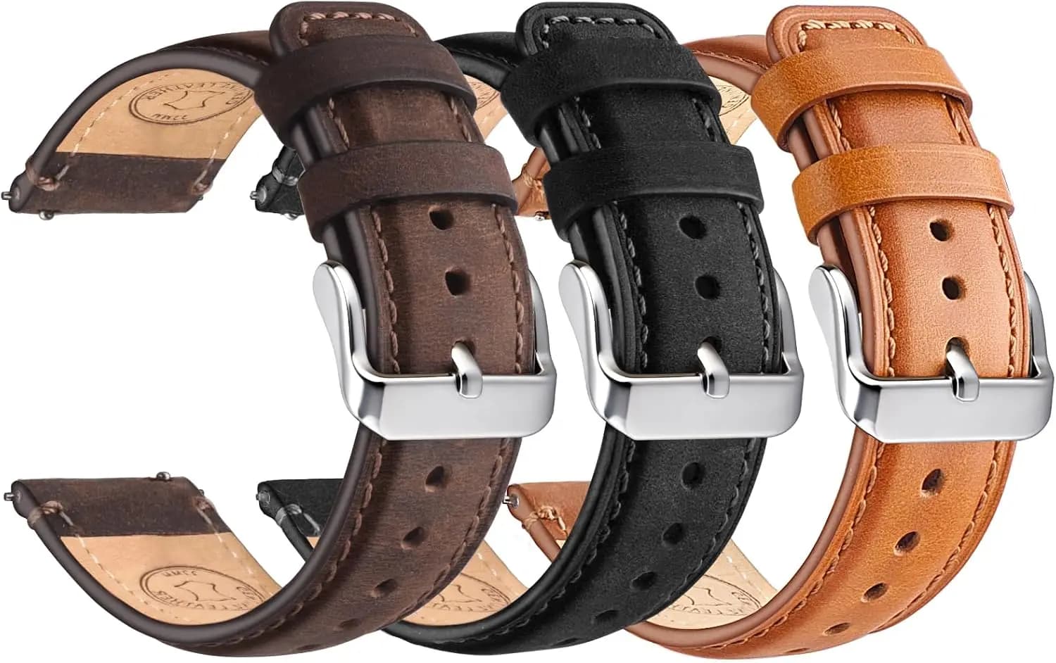 Set of 3 Genuine Leather Watches, 20mm 22mm with Quick Hook, Vintage Style for Men
