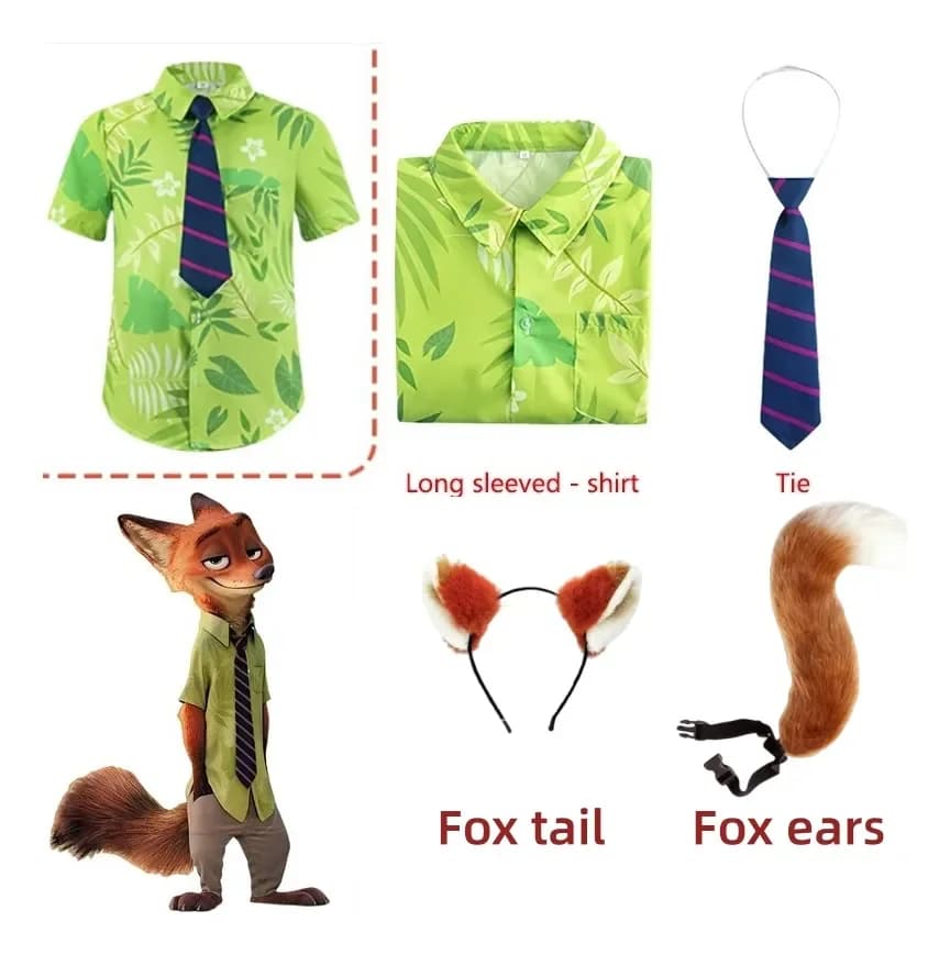 Costumes Cosplay Zootopia Nick, Summer Shirt with Tie, Coda and Fox Eyelets, Halloween and Carnival Set, Unisex for Adults and Children, Gift for Boys and Girls