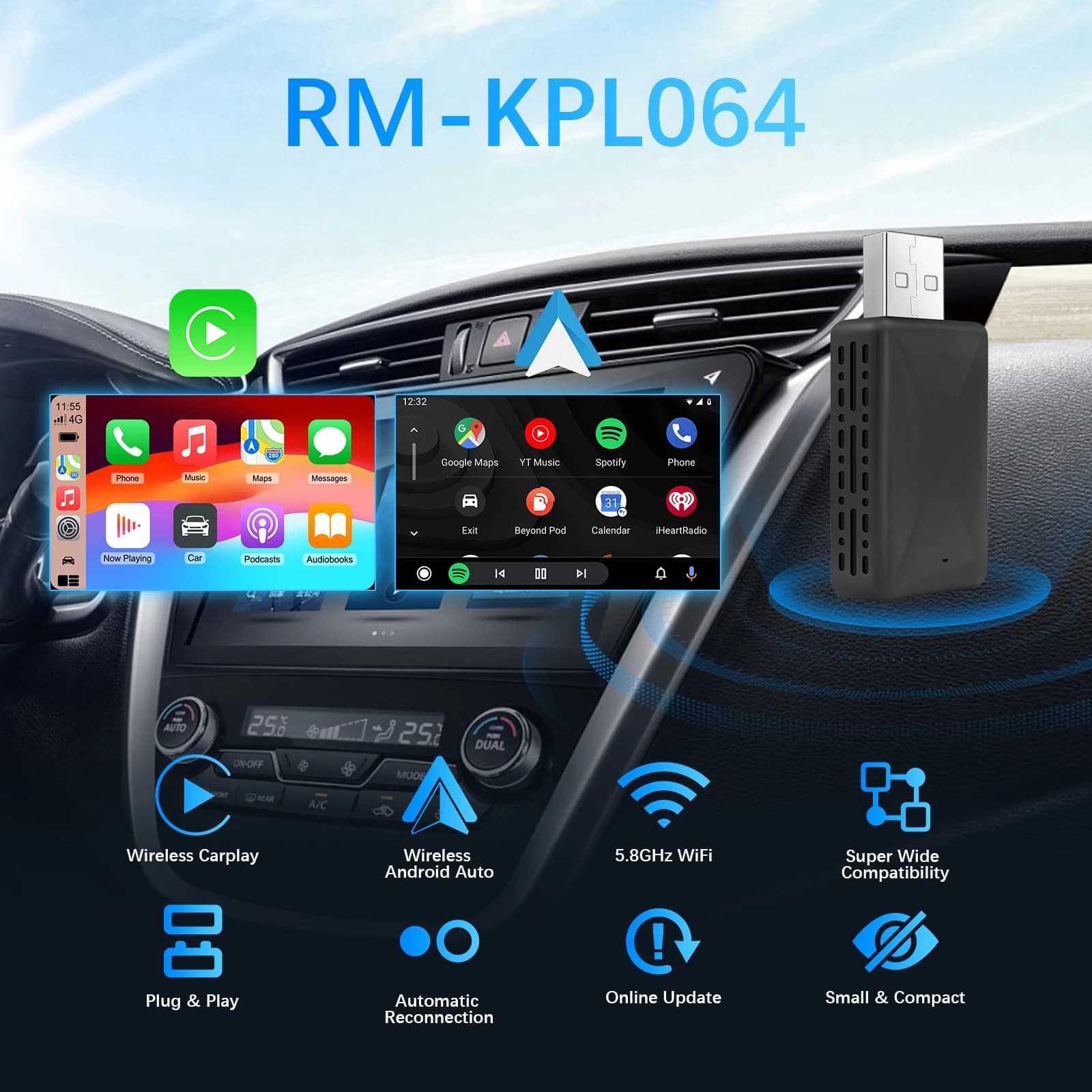 Adattatore wireless CarPlay Android Auto 2in1 per quasi tutti i tipi di auto cablate in fabbrica, mini scatola dongle USB intelligente Plug and Play