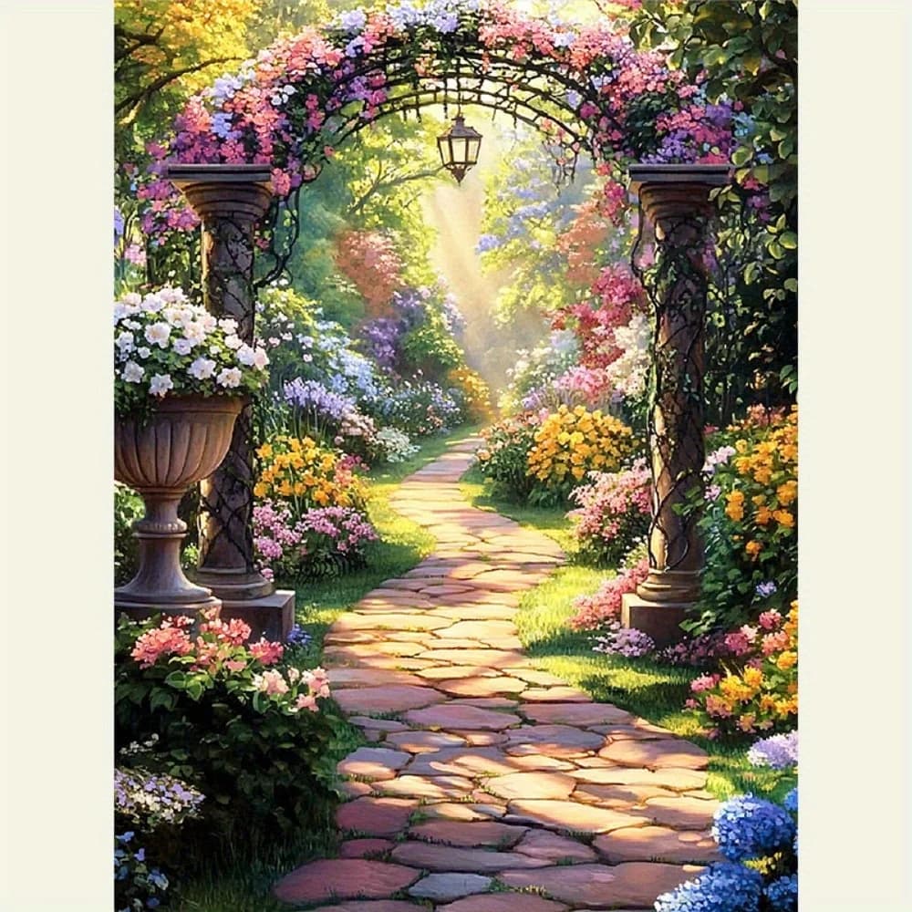 Un Vivace Sentiero da Giardino Illuminato dalla Luce Solare, Kit Pittura Diamante 5D, Adatto per Adulti per Creazioni Mosaico con Diamanti Completi