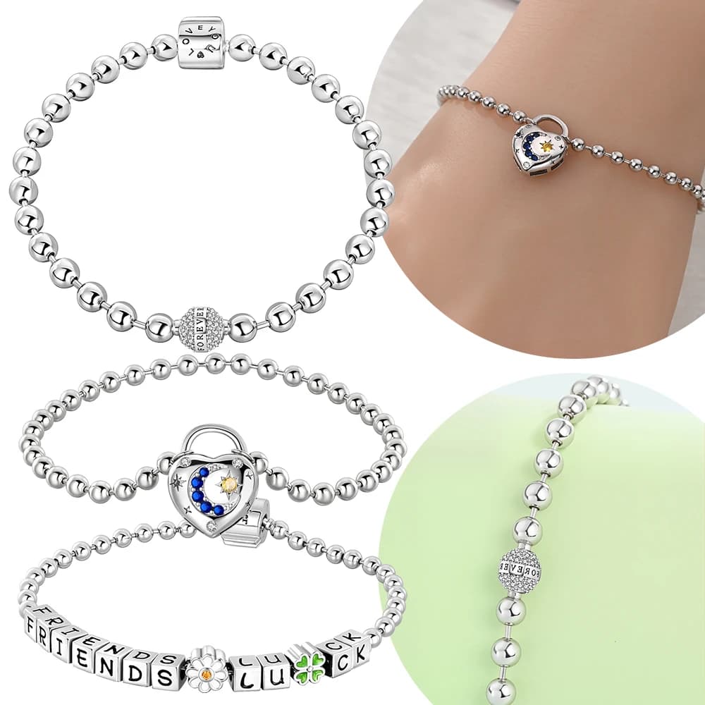 Heart Lock Moon Star Daisy Clover CZ Beaded Charm Original Silver Plated Jewelry Bracelet Accessory Anniversary Valentine's Gift