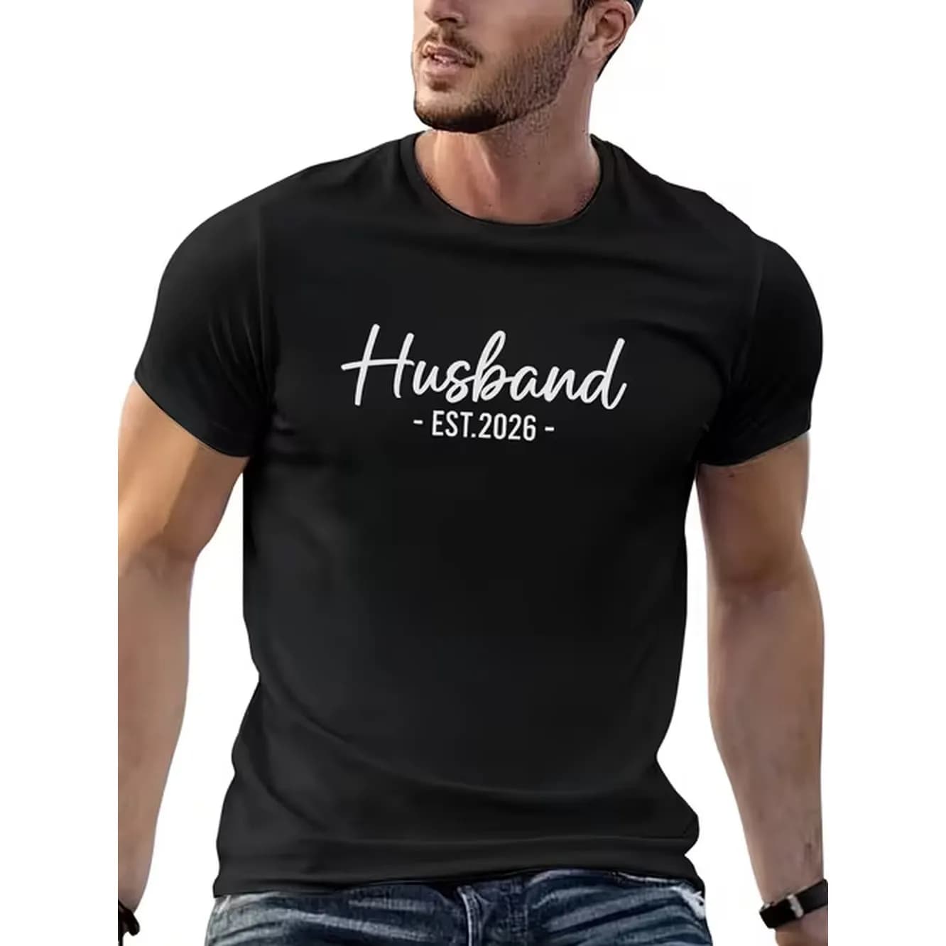 Mens Funny Husband Est 2026 Wedding T Shirt Moisture Wicking Casual Round Neck Short Sleeve S Matching Outfit Comfortable Casual Clothing Suitable For S Machine Washable Anniversaryift Idea Random Print Loose Fit