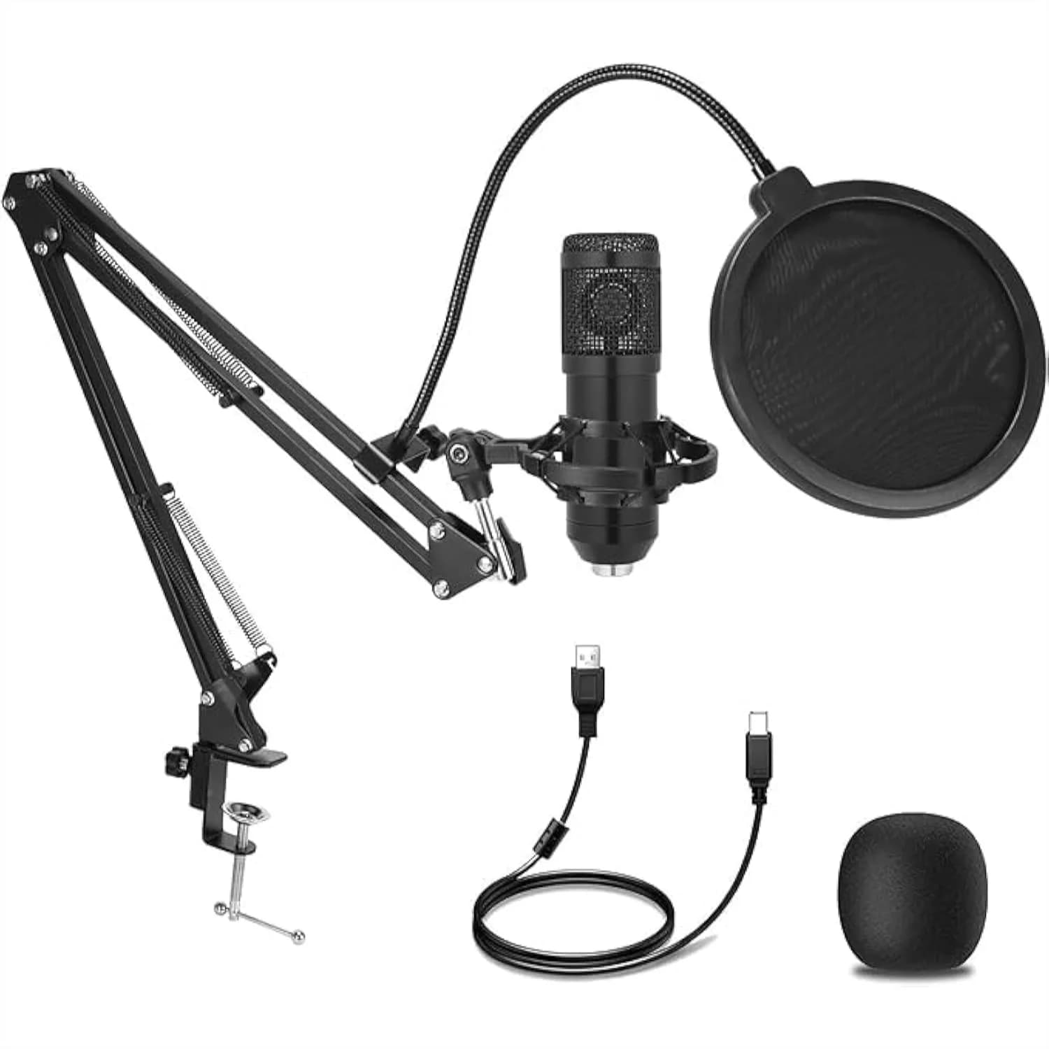Microfono a Condensatore, Set Microfono USB Cardioide Professionale con Supporto a Braccio Regolabile per Podcasting, Gaming, Streaming
